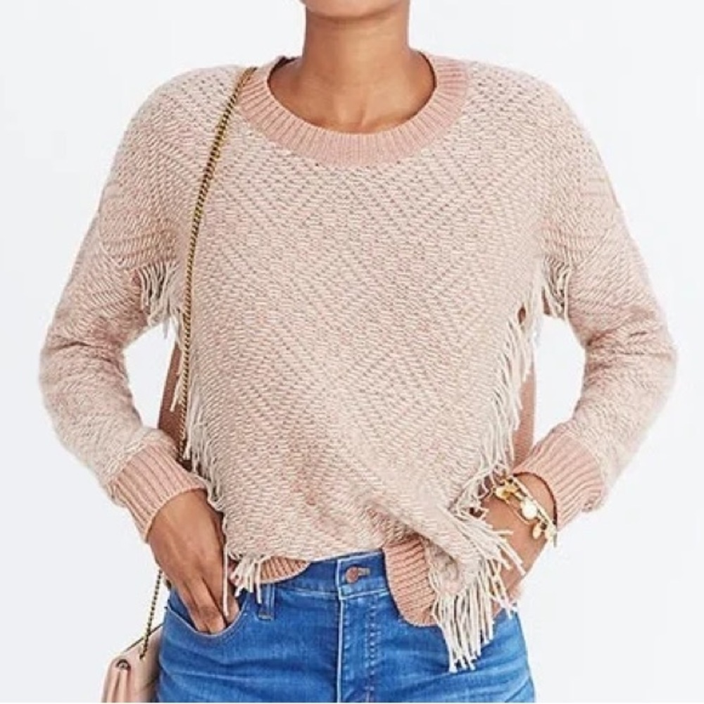 Madewell Women XXS Dusty Pink Merino Wool Blend Reverse Diamond Fringe Sweater